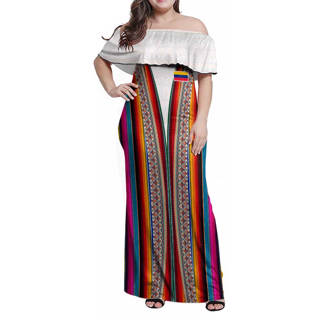 Venezuela Family Matching Off Shoulder Maxi Dress and Hawaiian Shirt with Andean Multicolor Woven Textile Stripe Spirit
