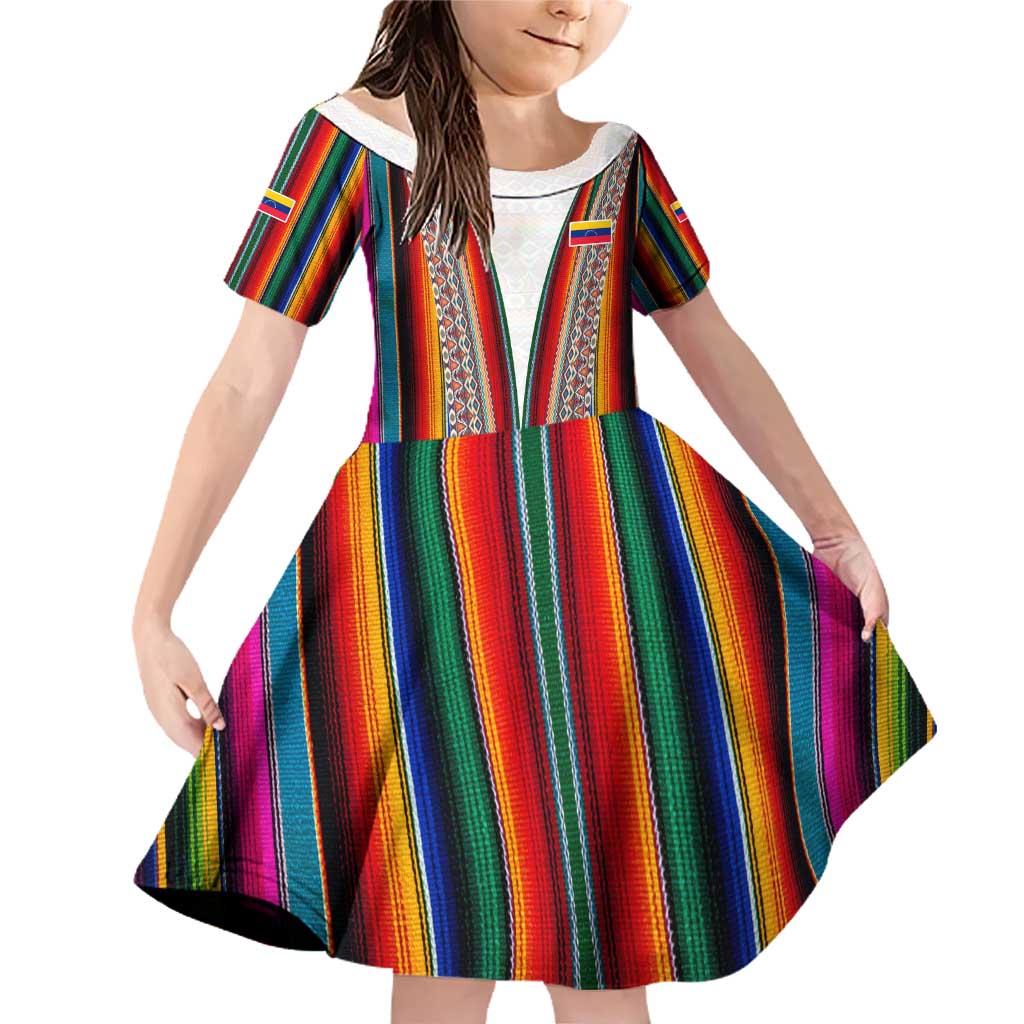 Venezuela Family Matching Off Shoulder Short Dress and Hawaiian Shirt with Andean Multicolor Woven Textile Stripe Spirit