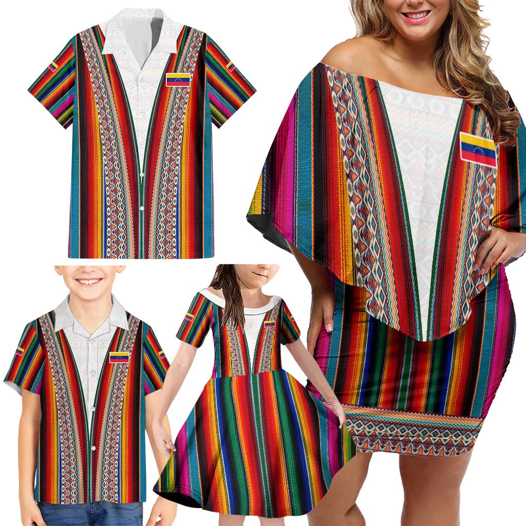 Venezuela Family Matching Off Shoulder Short Dress and Hawaiian Shirt with Andean Multicolor Woven Textile Stripe Spirit