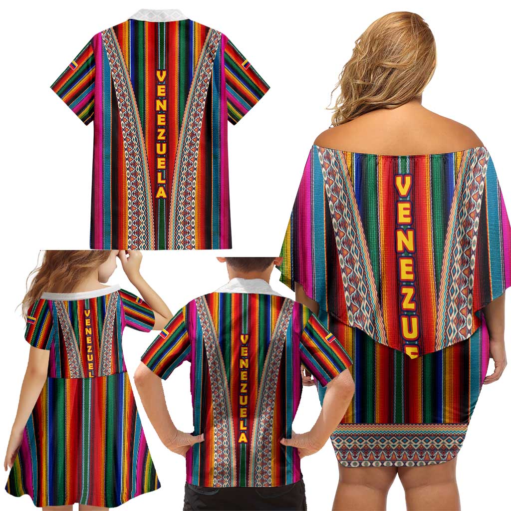 Venezuela Family Matching Off Shoulder Short Dress and Hawaiian Shirt with Andean Multicolor Woven Textile Stripe Spirit