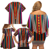 Venezuela Family Matching Off Shoulder Short Dress and Hawaiian Shirt with Andean Multicolor Woven Textile Stripe Spirit