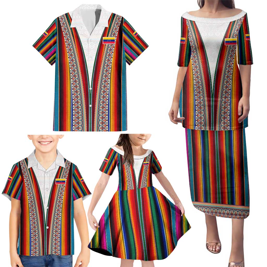 Venezuela Family Matching Puletasi and Hawaiian Shirt with Andean Multicolor Woven Textile Stripe Spirit