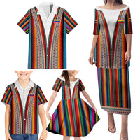Venezuela Family Matching Puletasi and Hawaiian Shirt with Andean Multicolor Woven Textile Stripe Spirit