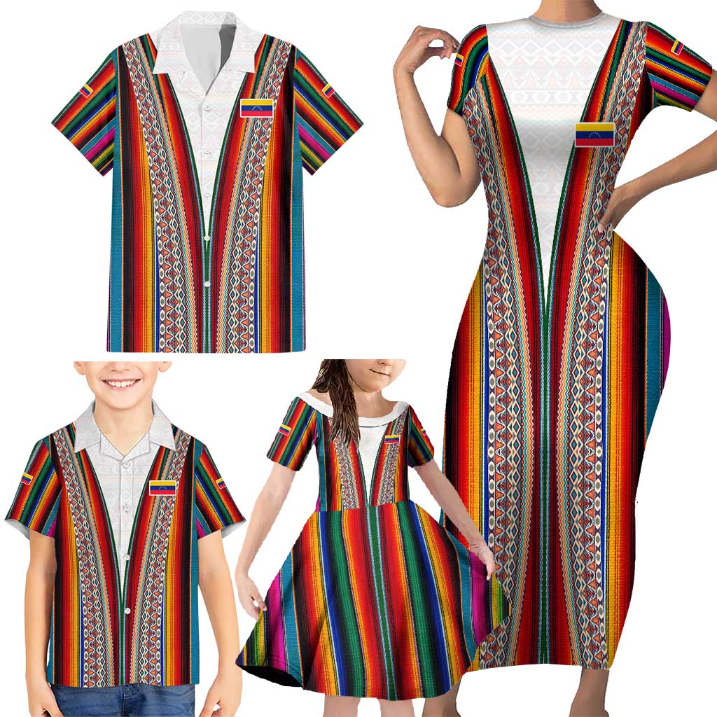 Venezuela Family Matching Short Sleeve Bodycon Dress and Hawaiian Shirt with Andean Multicolor Woven Textile Stripe Spirit