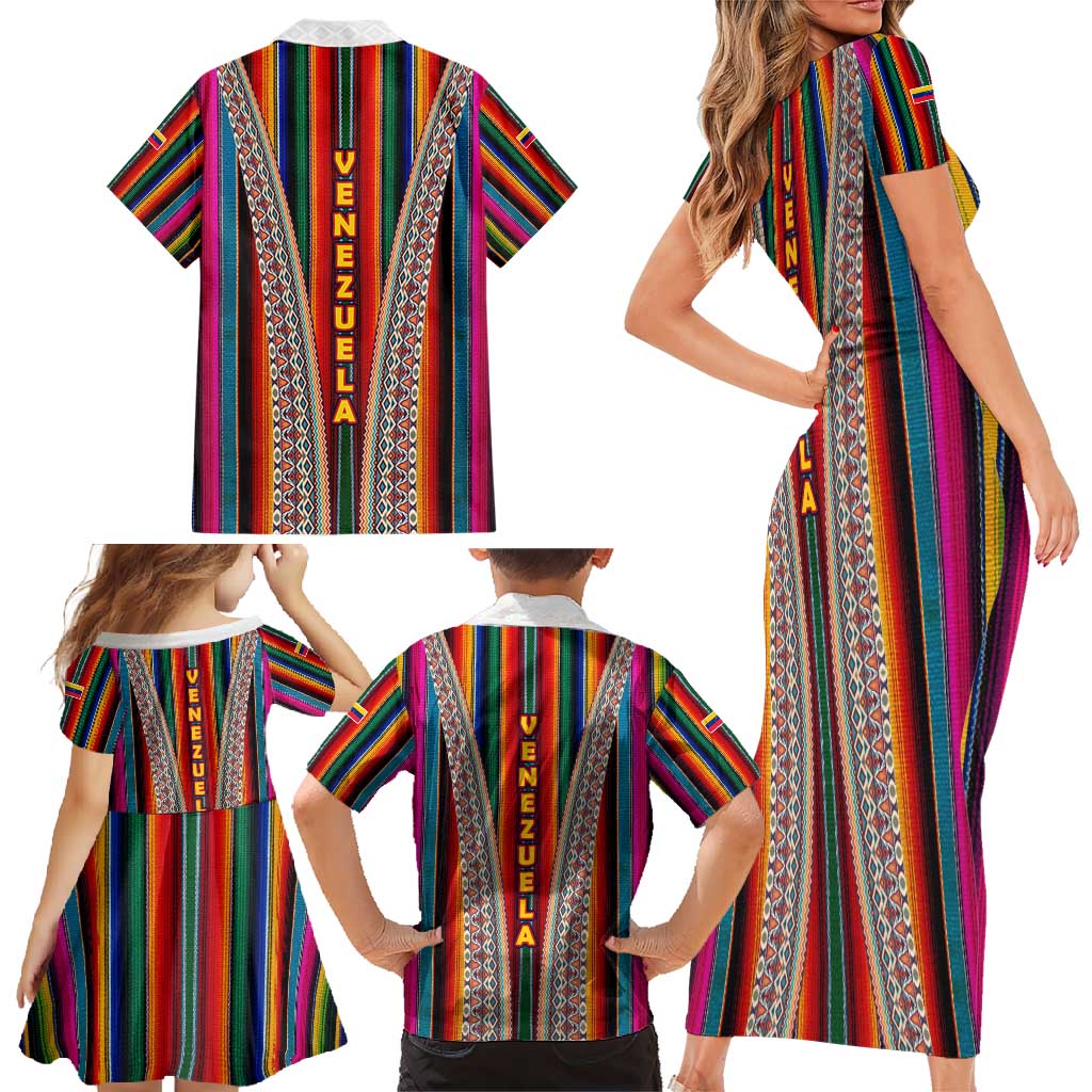 Venezuela Family Matching Short Sleeve Bodycon Dress and Hawaiian Shirt with Andean Multicolor Woven Textile Stripe Spirit