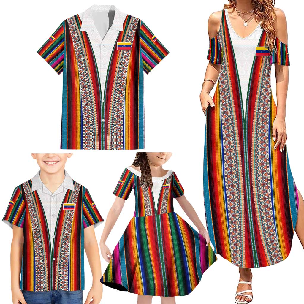 Venezuela Family Matching Summer Maxi Dress and Hawaiian Shirt with Andean Multicolor Woven Textile Stripe Spirit