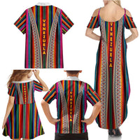 Venezuela Family Matching Summer Maxi Dress and Hawaiian Shirt with Andean Multicolor Woven Textile Stripe Spirit