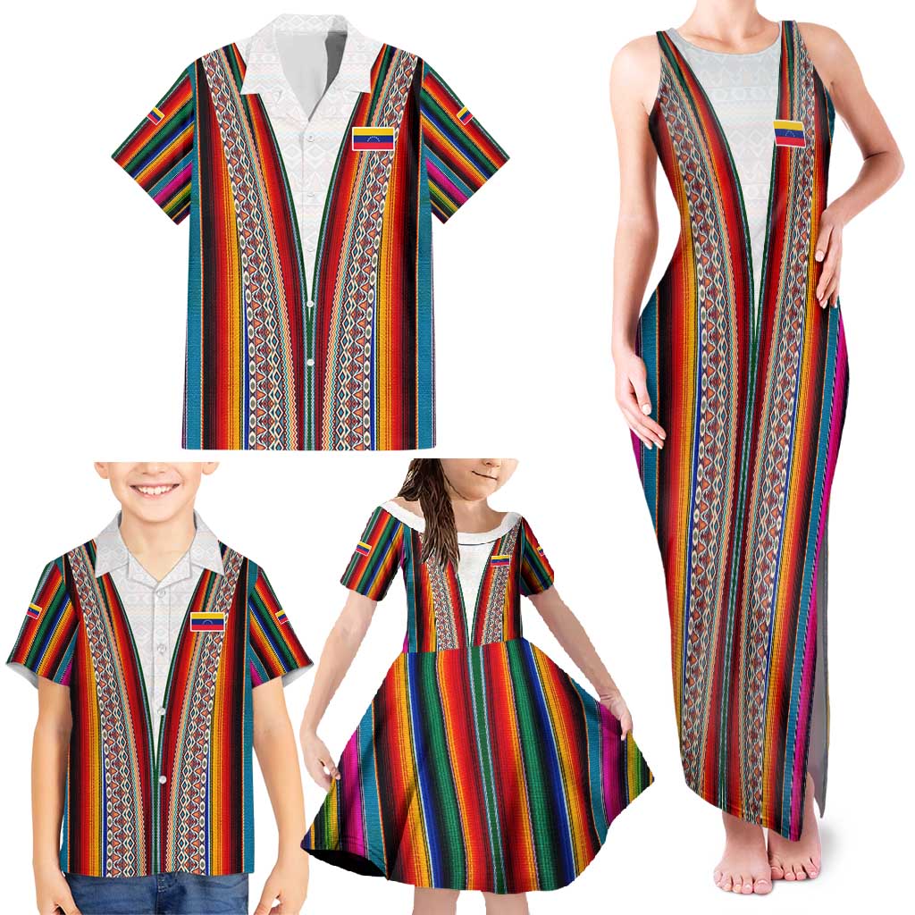 Venezuela Family Matching Tank Maxi Dress and Hawaiian Shirt with Andean Multicolor Woven Textile Stripe Spirit