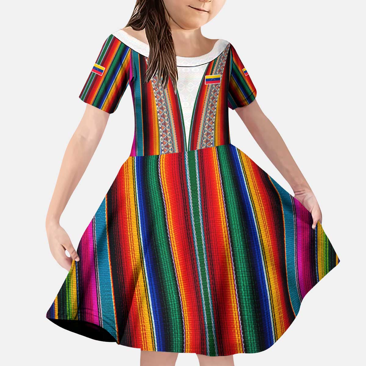Venezuela Kid Short Sleeve Dress with Andean Multicolor Woven Textile Stripe Spirit