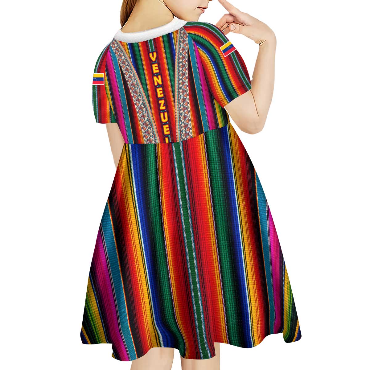 Venezuela Kid Short Sleeve Dress with Andean Multicolor Woven Textile Stripe Spirit