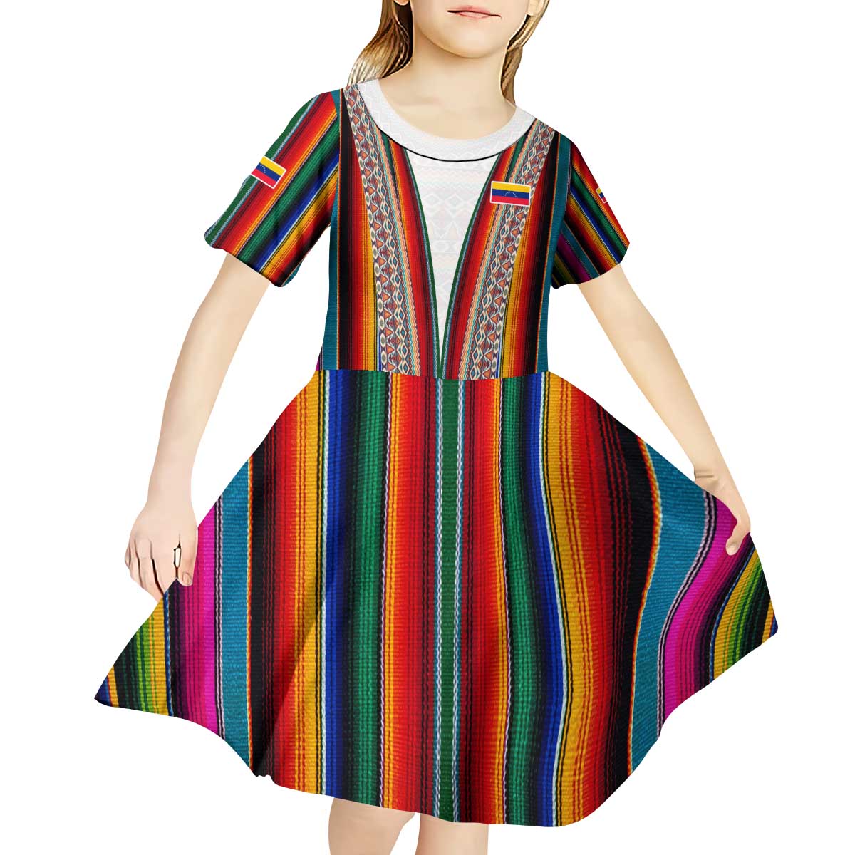 Venezuela Kid Short Sleeve Dress with Andean Multicolor Woven Textile Stripe Spirit