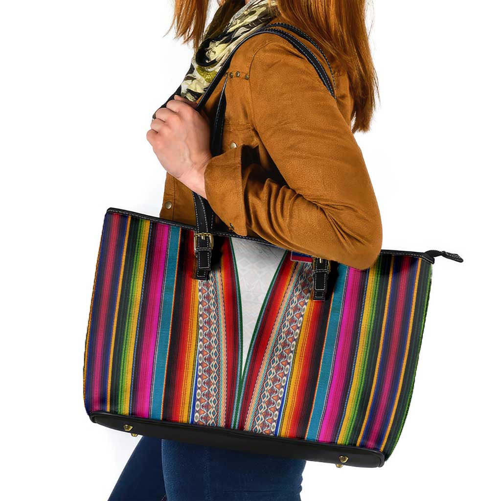 Venezuela Leather Tote Bag with Andean Multicolor Woven Textile Stripe Spirit