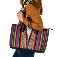 Venezuela Leather Tote Bag with Andean Multicolor Woven Textile Stripe Spirit