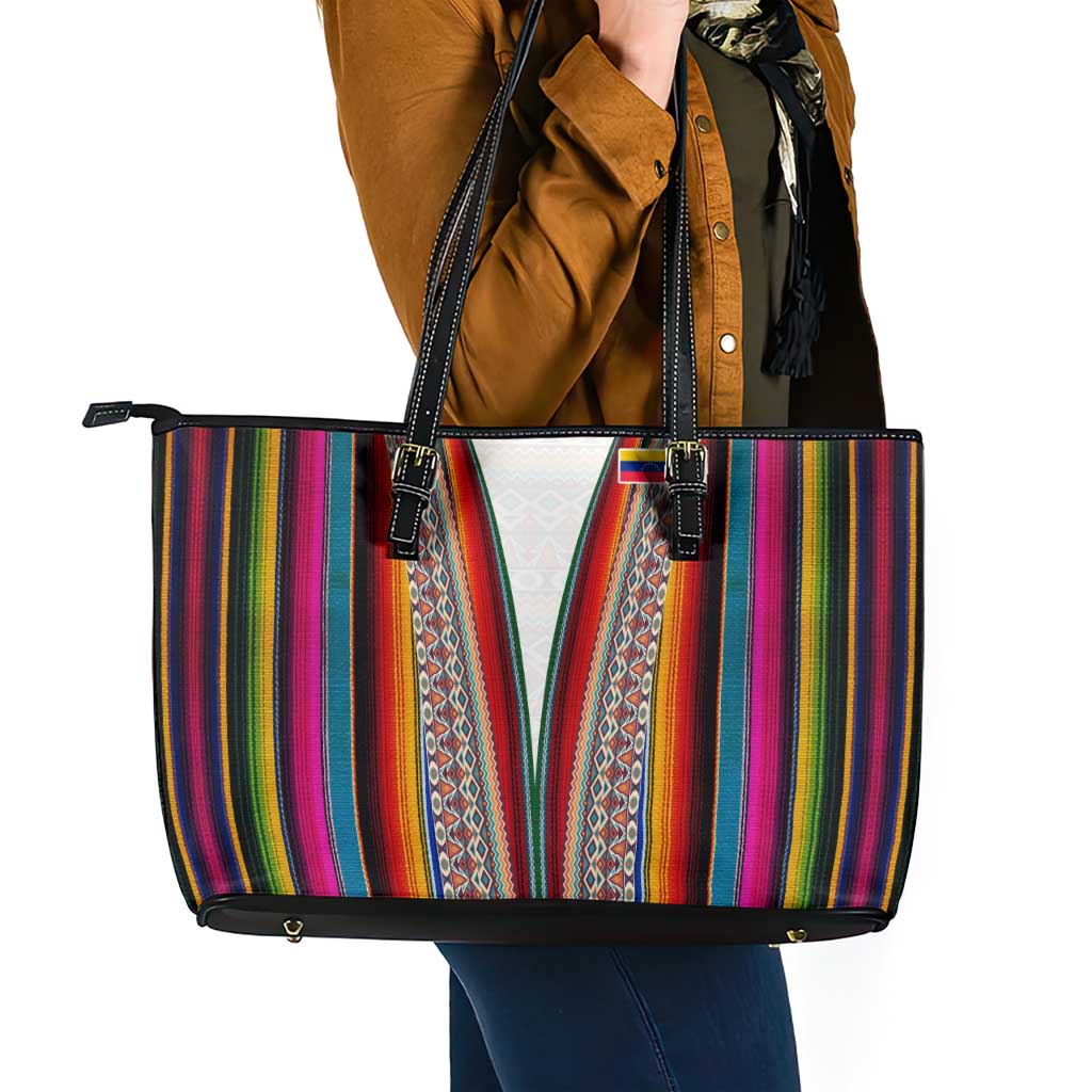 Venezuela Leather Tote Bag with Andean Multicolor Woven Textile Stripe Spirit