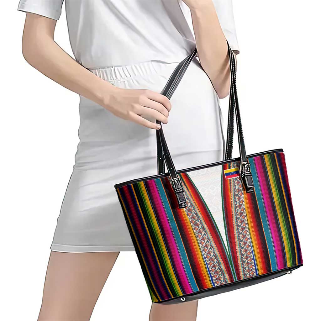 Venezuela Leather Tote Bag with Andean Multicolor Woven Textile Stripe Spirit