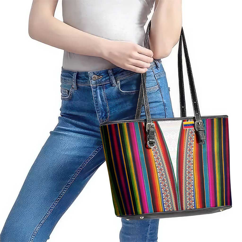 Venezuela Leather Tote Bag with Andean Multicolor Woven Textile Stripe Spirit