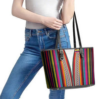 Venezuela Leather Tote Bag with Andean Multicolor Woven Textile Stripe Spirit