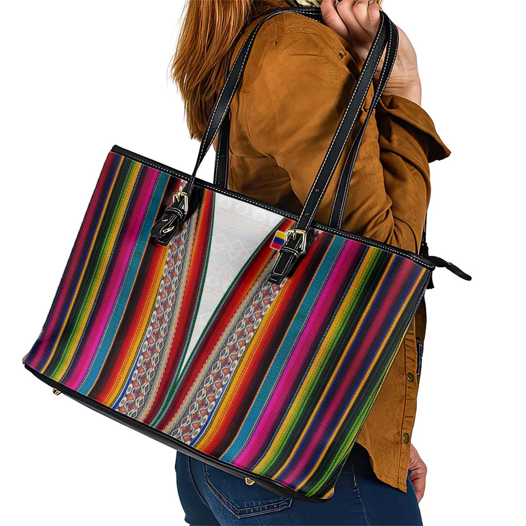 Venezuela Leather Tote Bag with Andean Multicolor Woven Textile Stripe Spirit