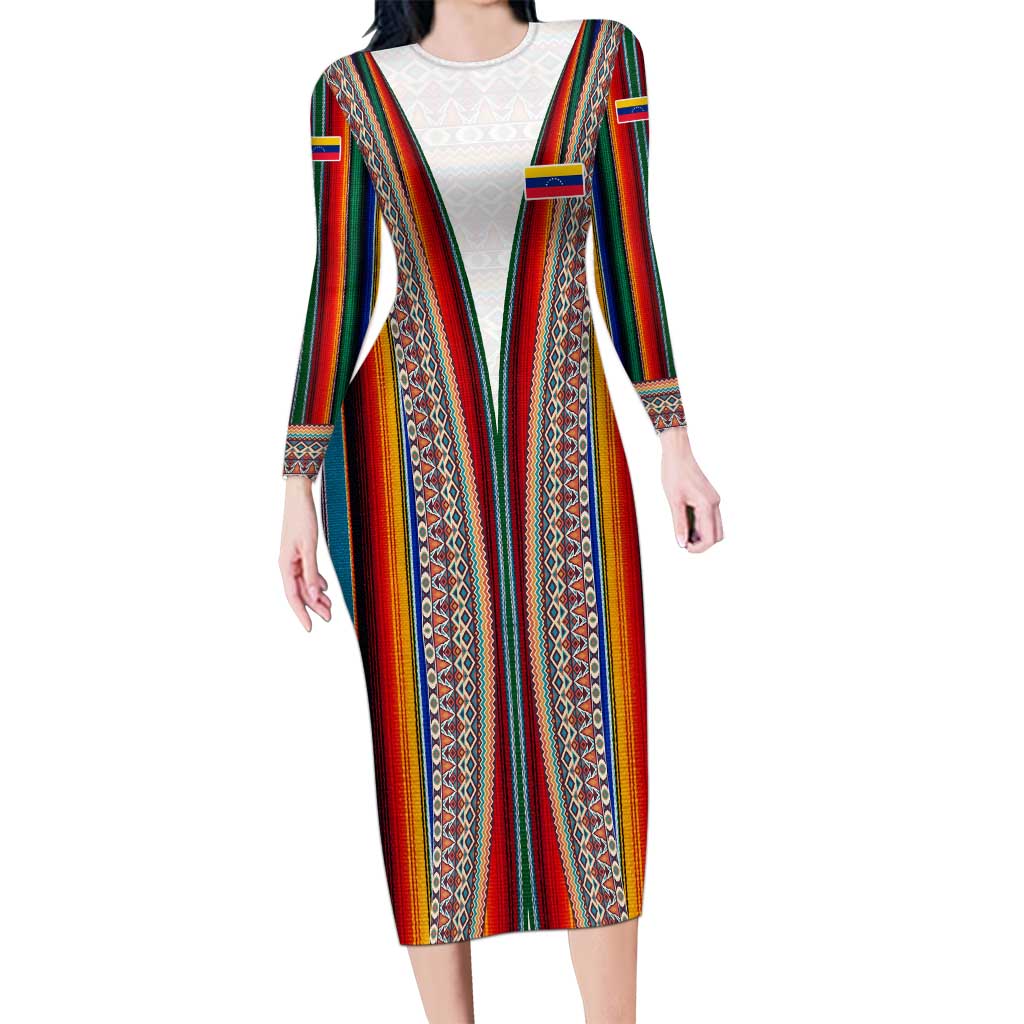 Venezuela Long Sleeve Bodycon Dress with Andean Multicolor Woven Textile Stripe Spirit