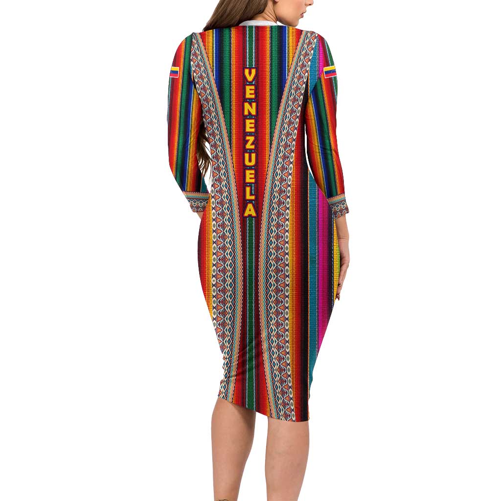 Venezuela Long Sleeve Bodycon Dress with Andean Multicolor Woven Textile Stripe Spirit