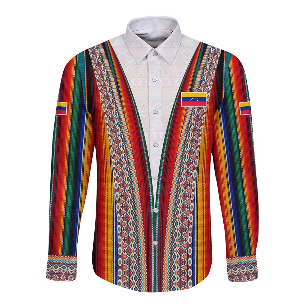 Venezuela Long Sleeve Button Shirt with Andean Multicolor Woven Textile Stripe Spirit