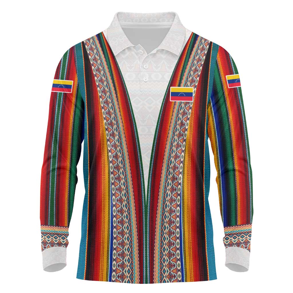Venezuela Long Sleeve Polo Shirt with Andean Multicolor Woven Textile Stripe Spirit