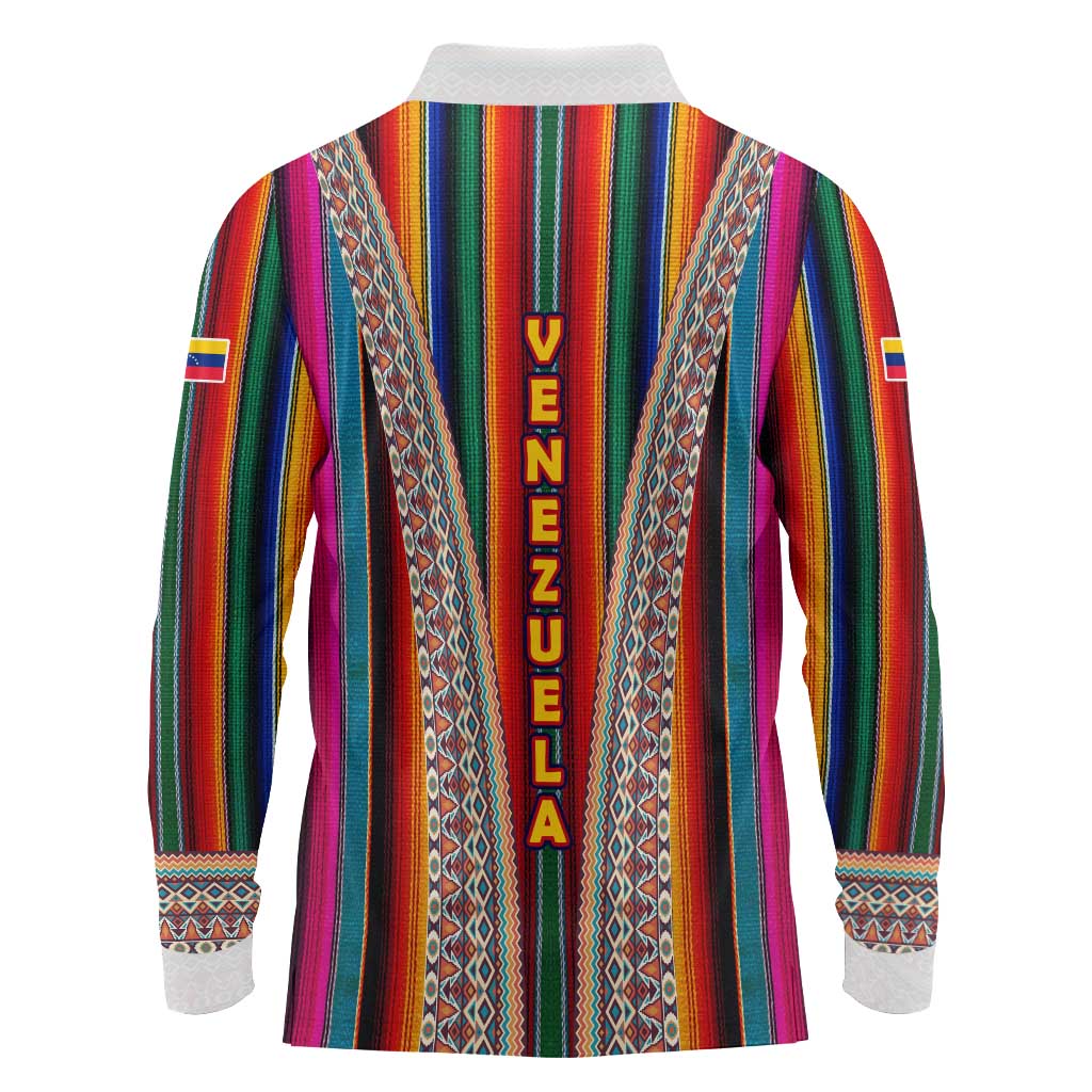 Venezuela Long Sleeve Polo Shirt with Andean Multicolor Woven Textile Stripe Spirit
