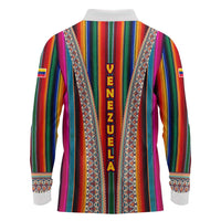 Venezuela Long Sleeve Polo Shirt with Andean Multicolor Woven Textile Stripe Spirit