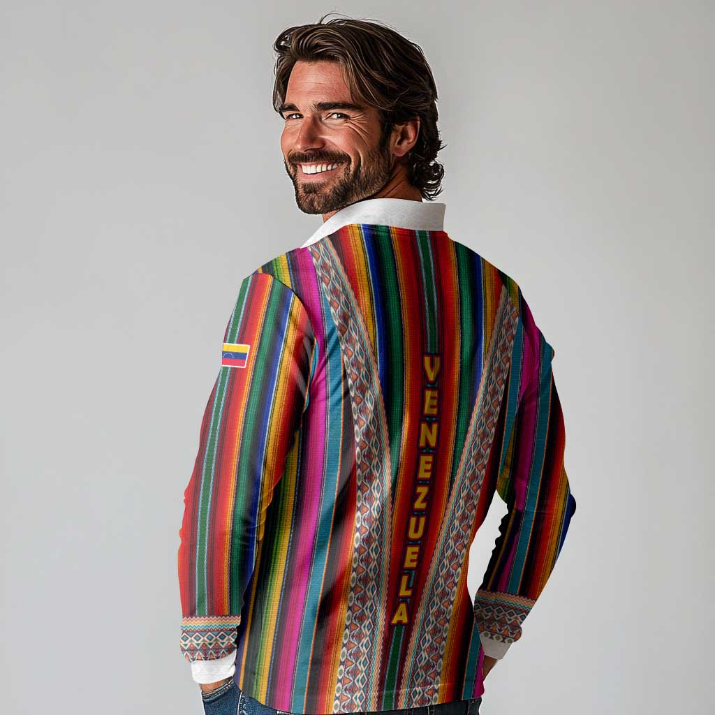 Venezuela Long Sleeve Polo Shirt with Andean Multicolor Woven Textile Stripe Spirit