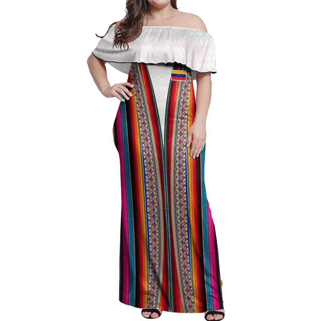 Venezuela Off Shoulder Maxi Dress with Andean Multicolor Woven Textile Stripe Spirit