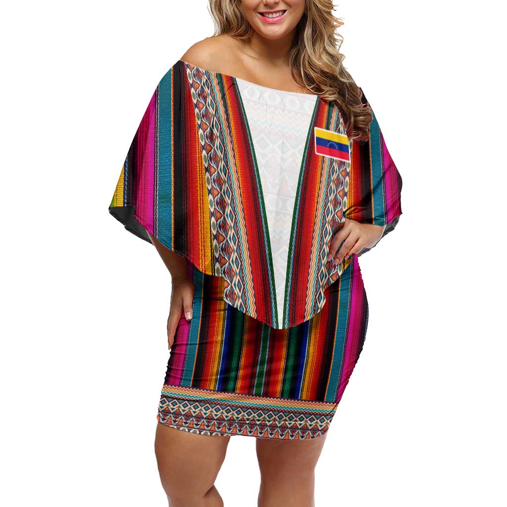 Venezuela Off Shoulder Short Dress with Andean Multicolor Woven Textile Stripe Spirit
