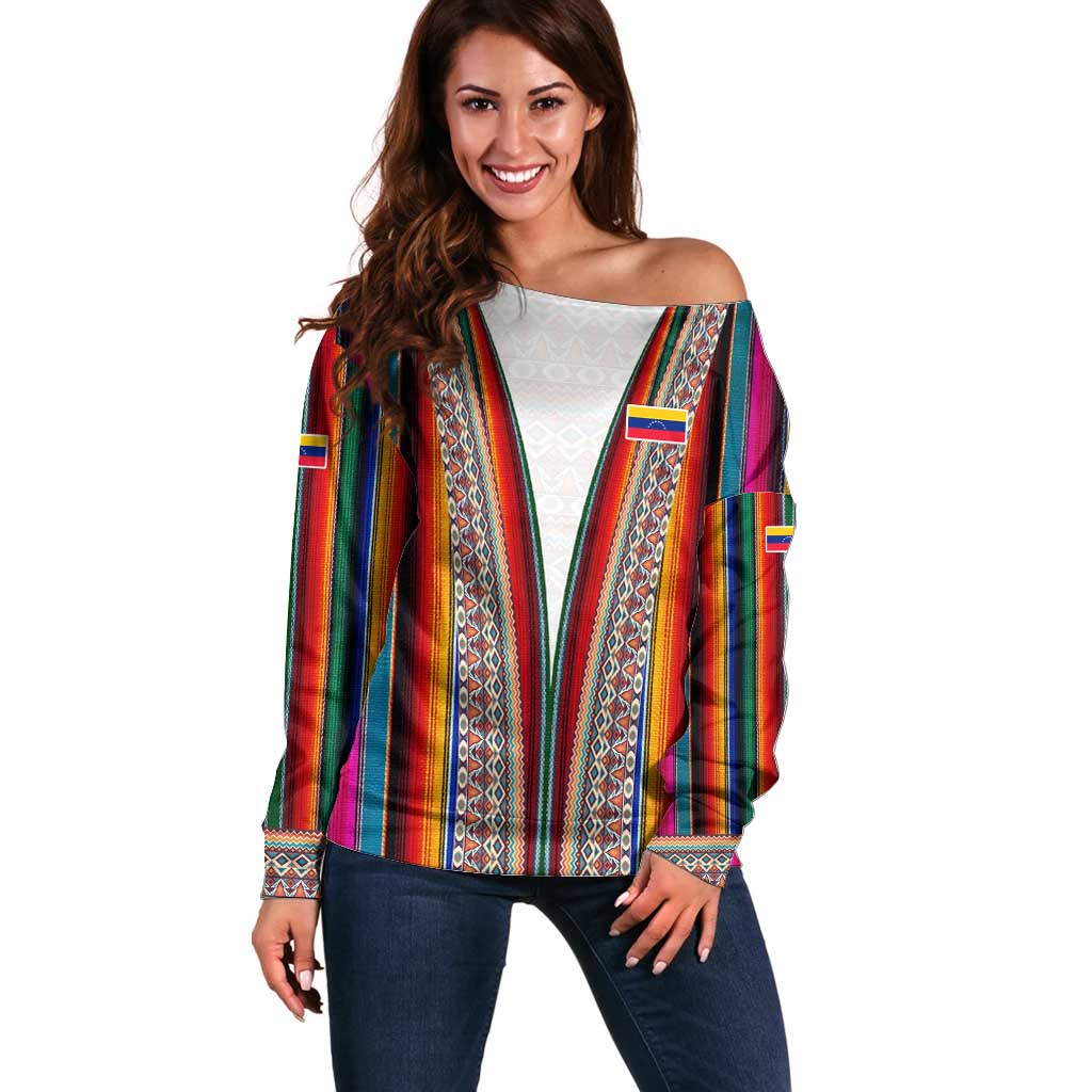 Venezuela Off Shoulder Sweater with Andean Multicolor Woven Textile Stripe Spirit
