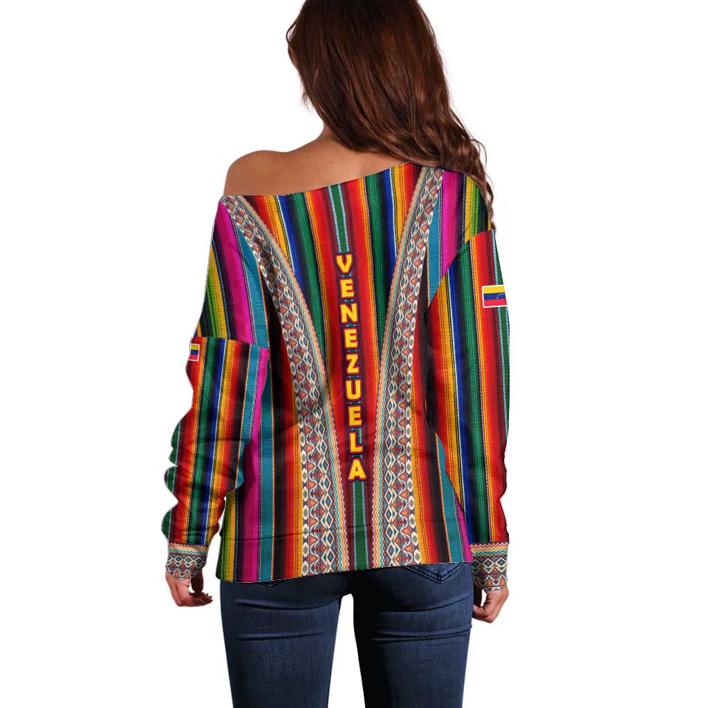 Venezuela Off Shoulder Sweater with Andean Multicolor Woven Textile Stripe Spirit