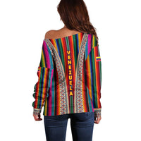 Venezuela Off Shoulder Sweater with Andean Multicolor Woven Textile Stripe Spirit