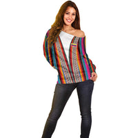 Venezuela Off Shoulder Sweater with Andean Multicolor Woven Textile Stripe Spirit