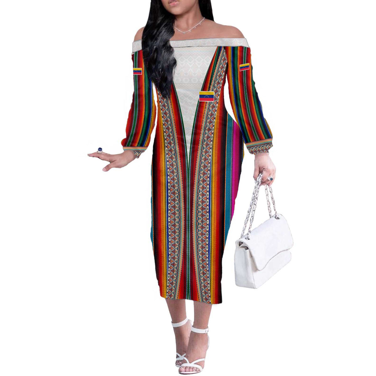 Venezuela Off The Shoulder Long Sleeve Dress with Andean Multicolor Woven Textile Stripe Spirit