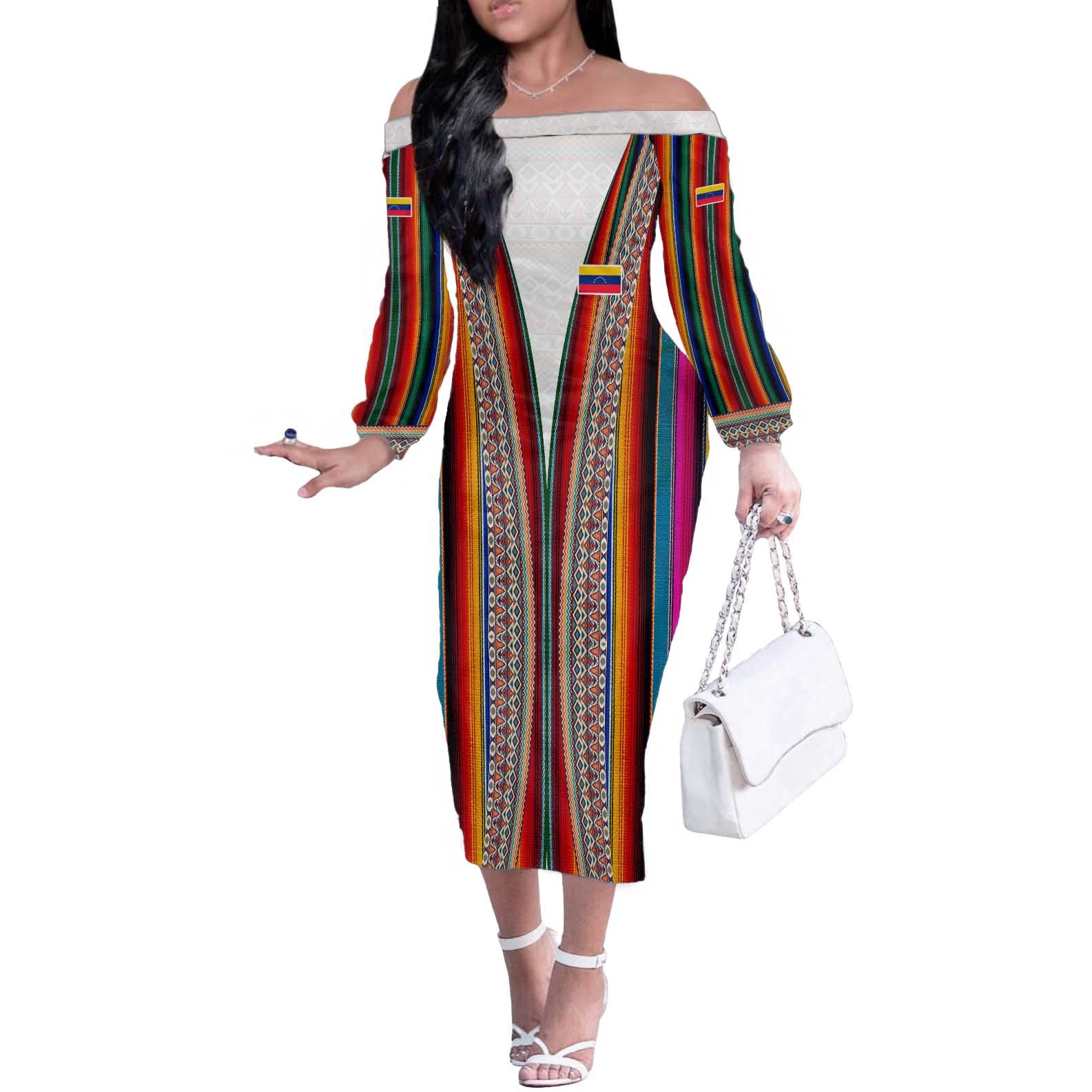 Venezuela Off The Shoulder Long Sleeve Dress with Andean Multicolor Woven Textile Stripe Spirit