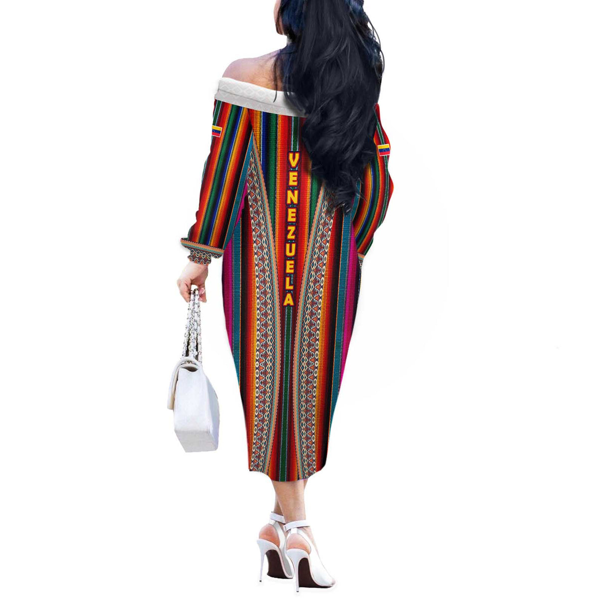 Venezuela Off The Shoulder Long Sleeve Dress with Andean Multicolor Woven Textile Stripe Spirit