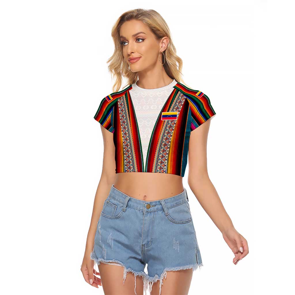 Venezuela Raglan Cropped T Shirt with Andean Multicolor Woven Textile Stripe Spirit