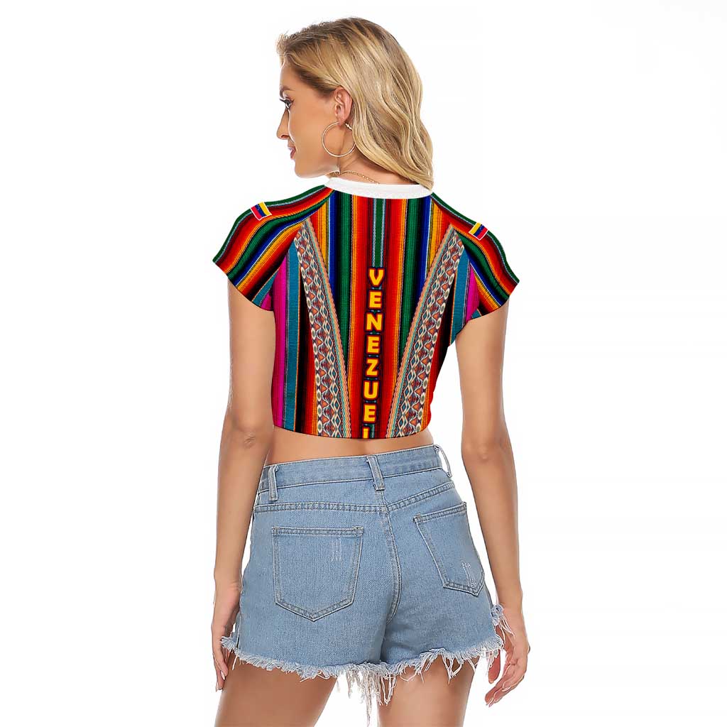 Venezuela Raglan Cropped T Shirt with Andean Multicolor Woven Textile Stripe Spirit