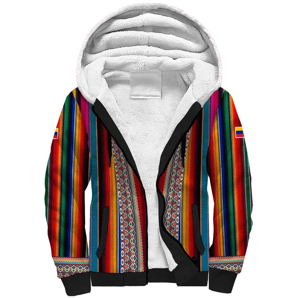 Venezuela Sherpa Hoodie with Andean Multicolor Woven Textile Stripe Spirit