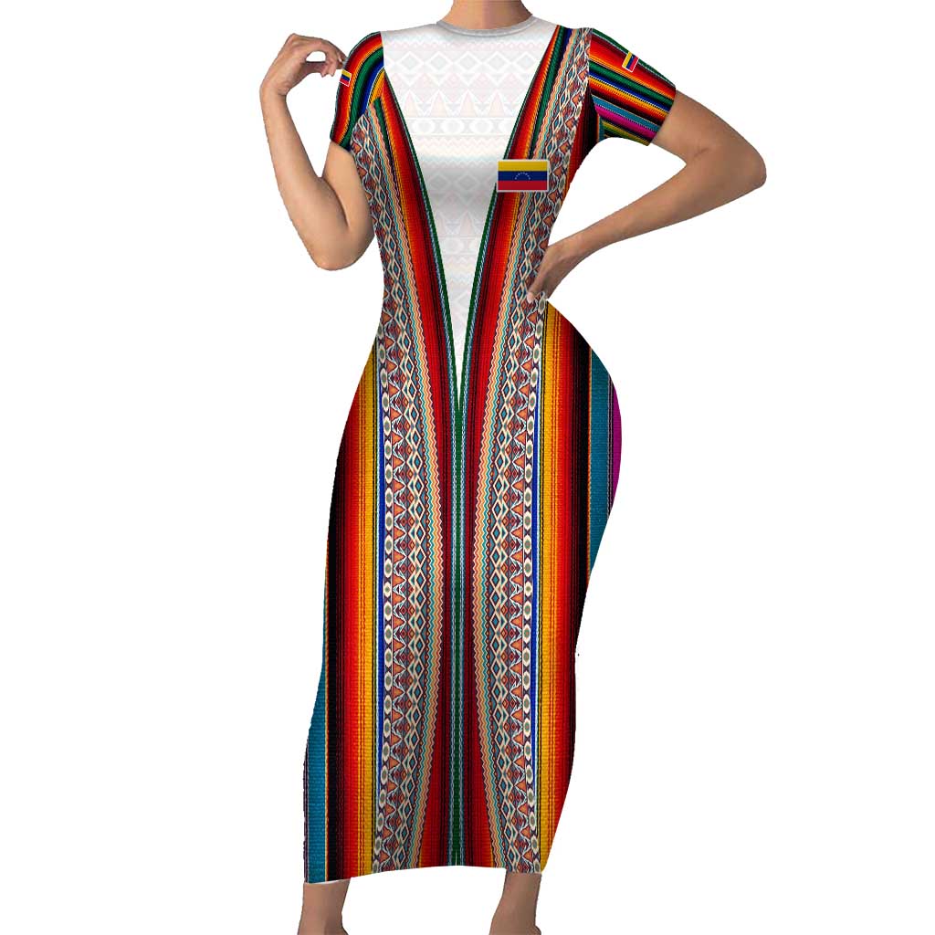 Venezuela Short Sleeve Bodycon Dress with Andean Multicolor Woven Textile Stripe Spirit