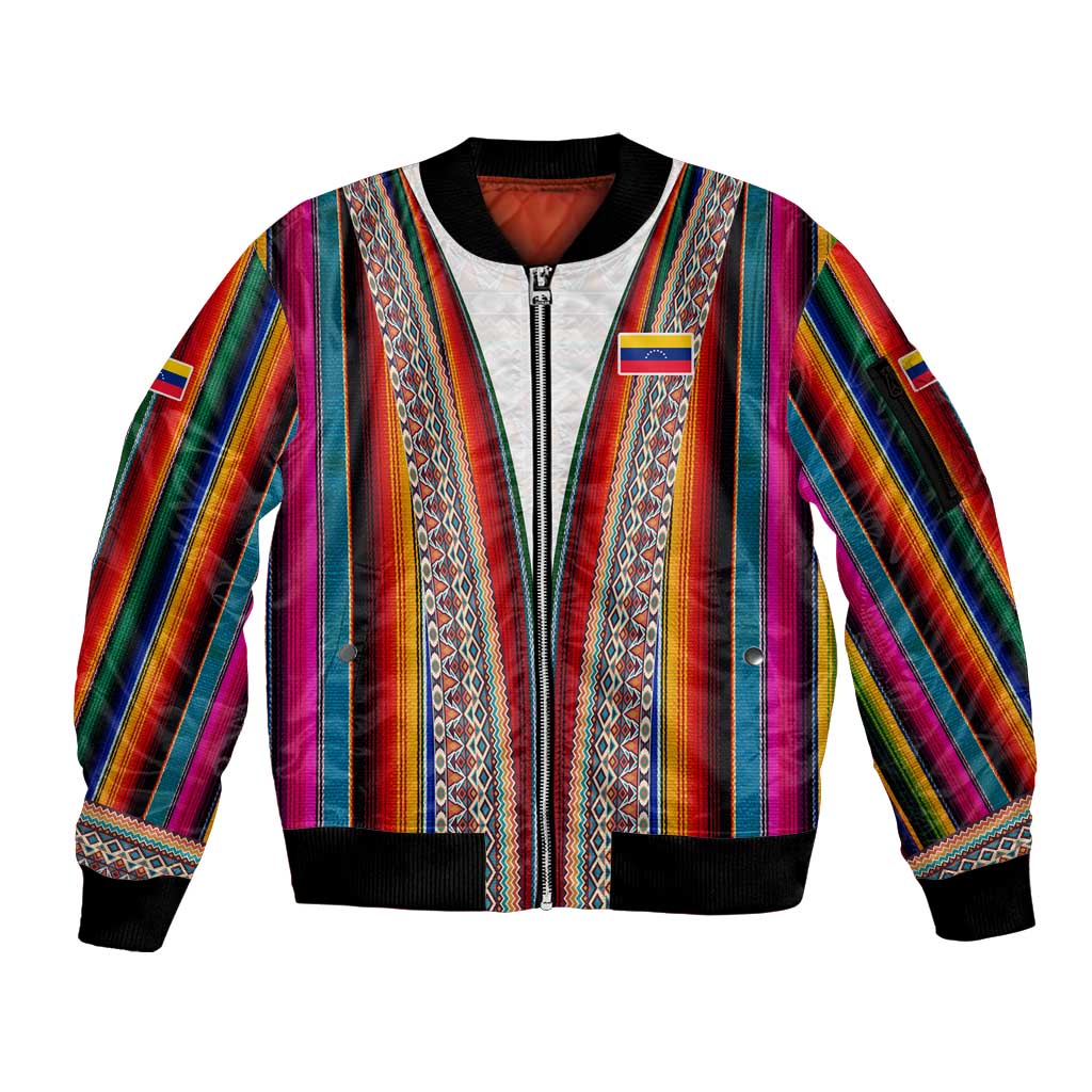 Venezuela Sleeve Zip Bomber Jacket with Andean Multicolor Woven Textile Stripe Spirit