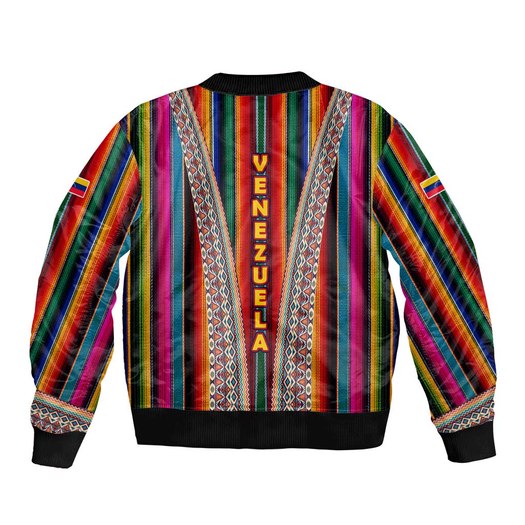 Venezuela Sleeve Zip Bomber Jacket with Andean Multicolor Woven Textile Stripe Spirit