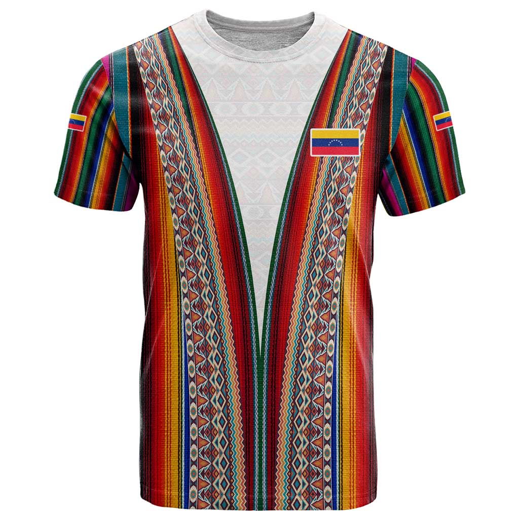 Venezuela T Shirt with Andean Multicolor Woven Textile Stripe Spirit