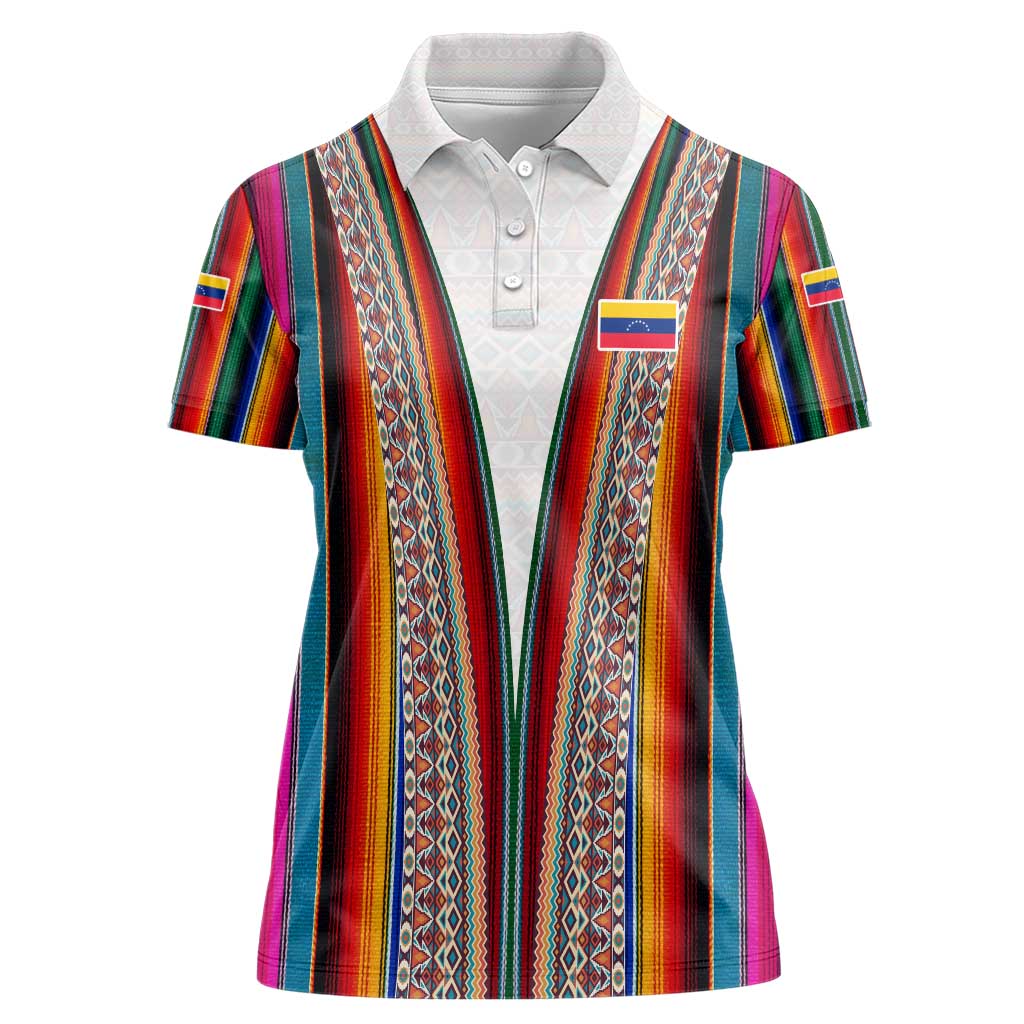 Venezuela Women Polo Shirt with Andean Multicolor Woven Textile Stripe Spirit