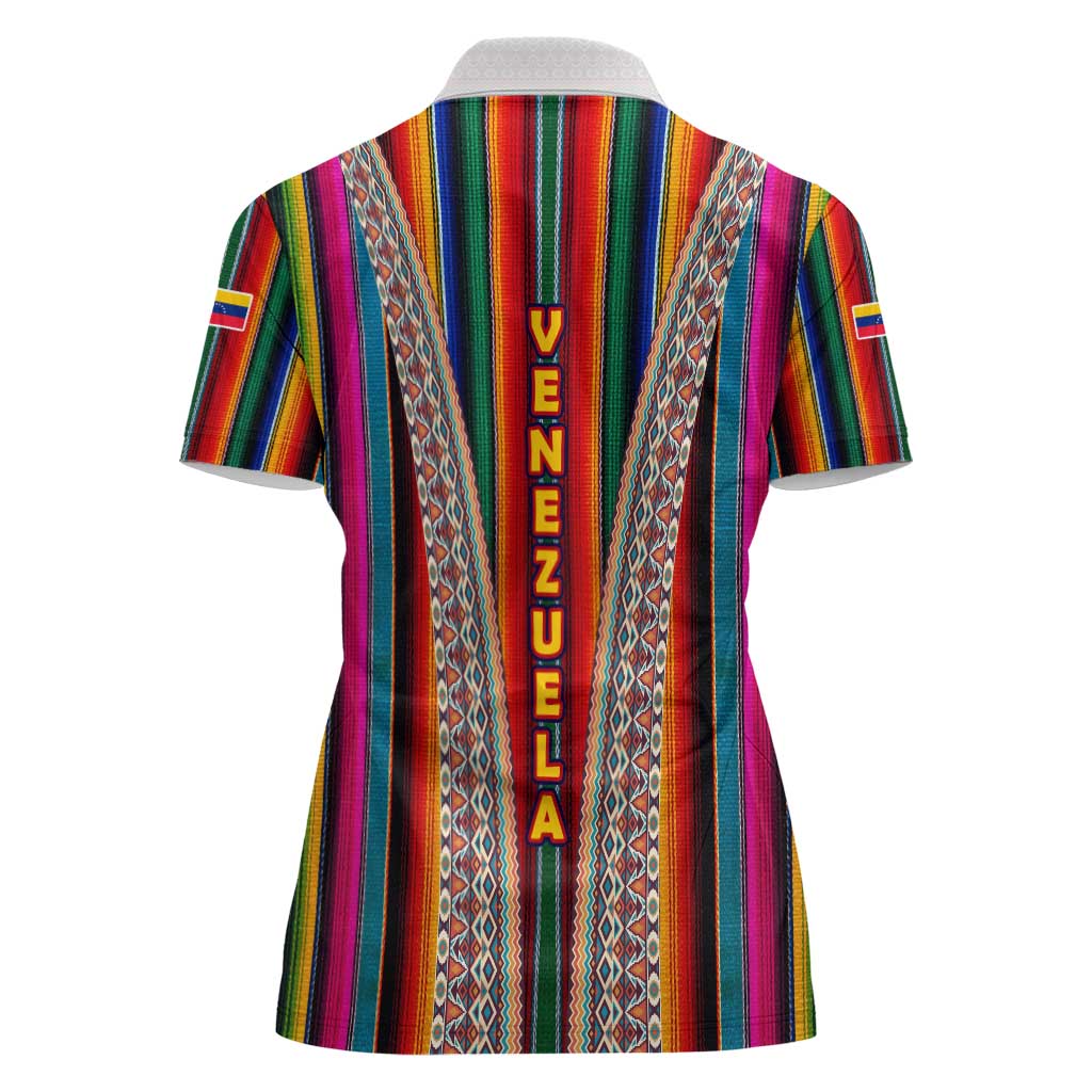 Venezuela Women Polo Shirt with Andean Multicolor Woven Textile Stripe Spirit
