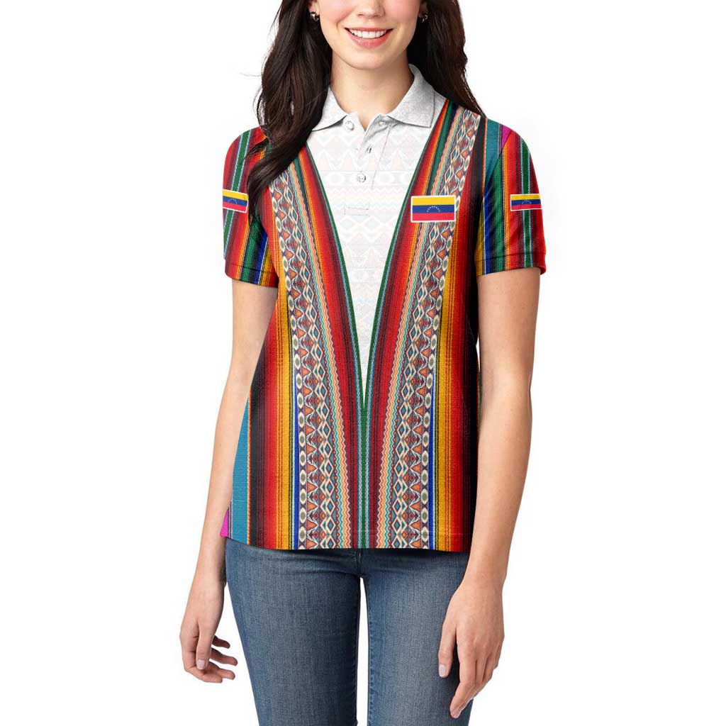 Venezuela Women Polo Shirt with Andean Multicolor Woven Textile Stripe Spirit
