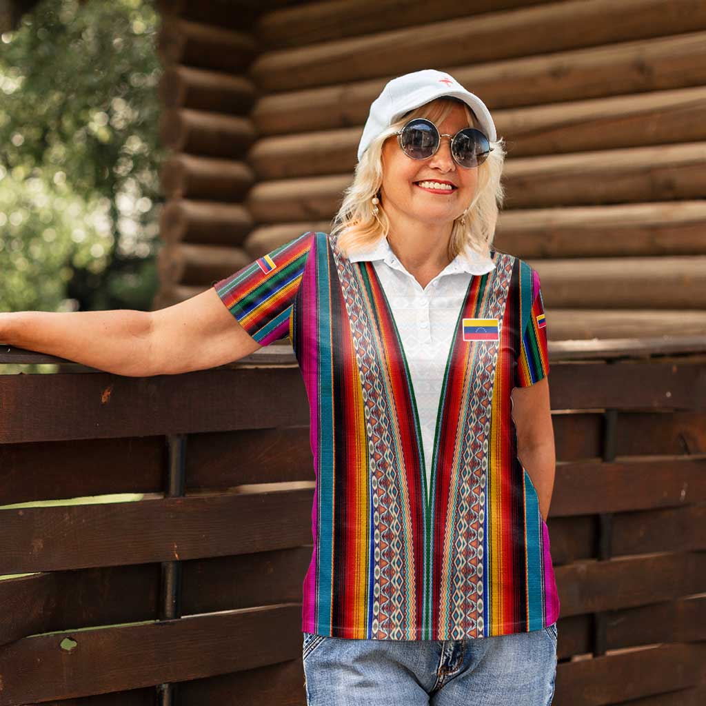 Venezuela Women Polo Shirt with Andean Multicolor Woven Textile Stripe Spirit
