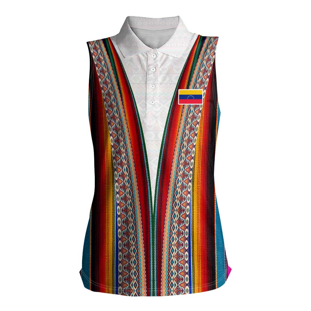 Venezuela Women Sleeveless Polo Shirt with Andean Multicolor Woven Textile Stripe Spirit
